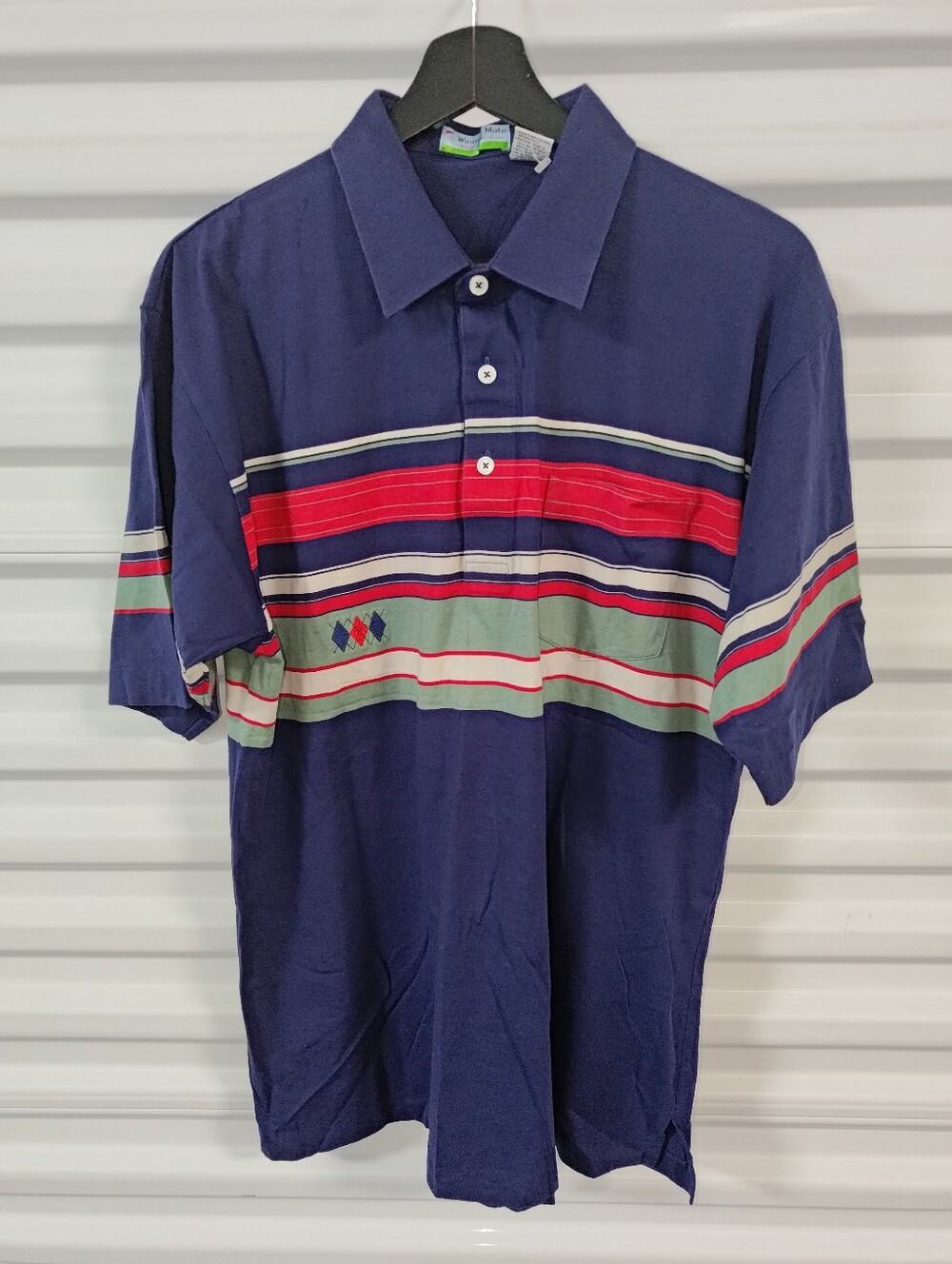 Vtg Winner Mate Golf Collection Polo Stripe Shirt Navy Red Collar Front Pocket L